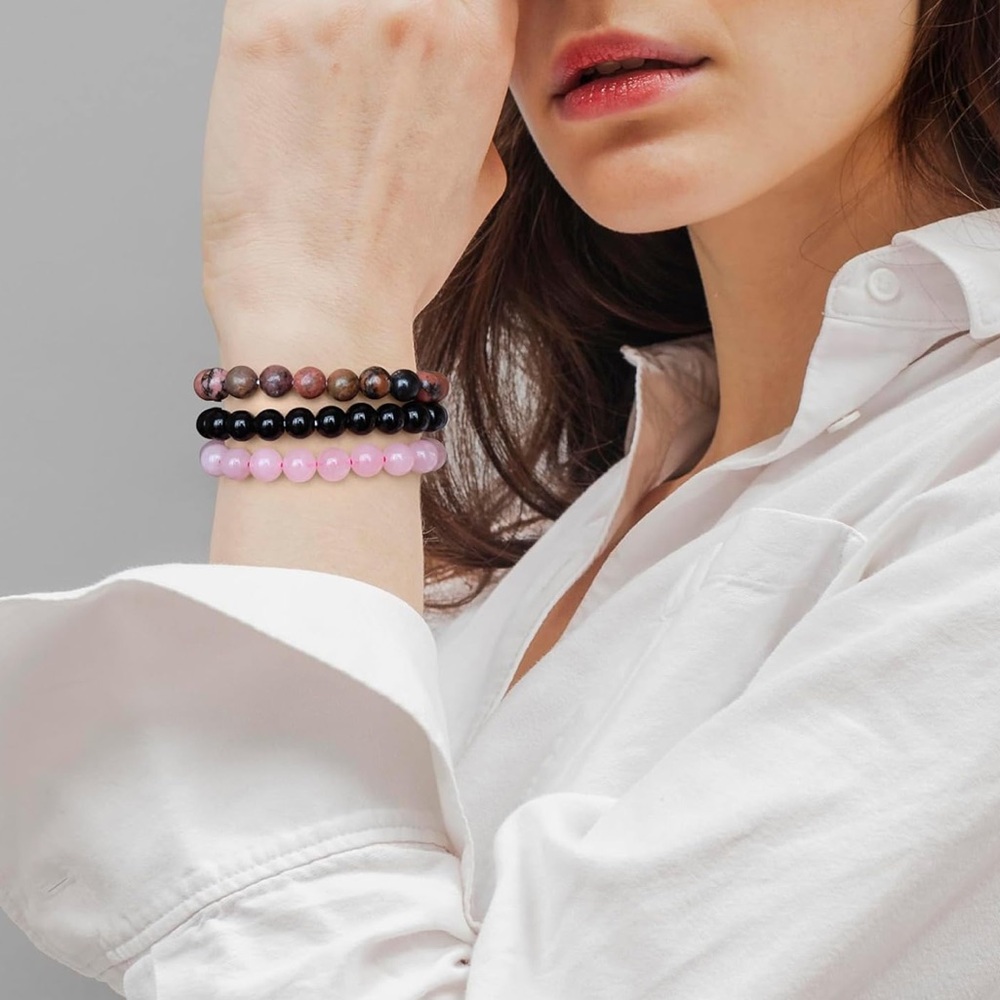 🆕New Loving Life Gemstone Bracelet Set -Rose Quartz, Rhodonite & Onyx - Picture 4 of 11